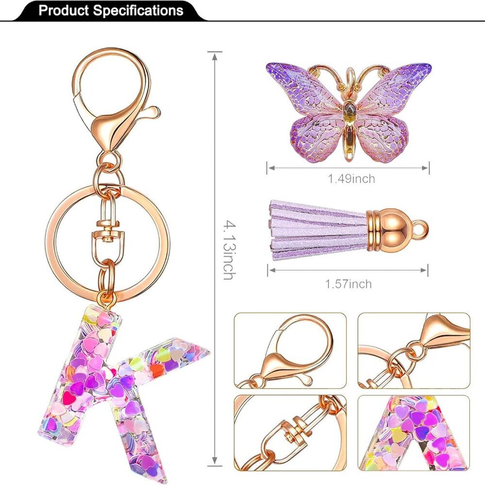 Initial letter Keychains for Women Tassel Butterfly Pink Purple Cute Car Keychai - Picture 3 of 6